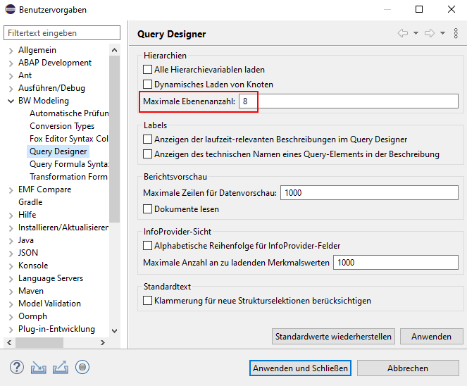 Maximale Ebenenanzahl in Eclipse Query Designer festlegen