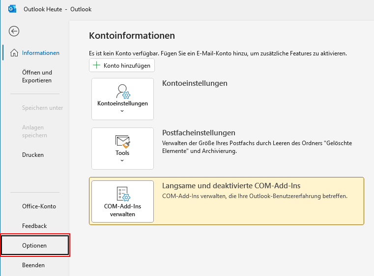 Outlook Optionen starten