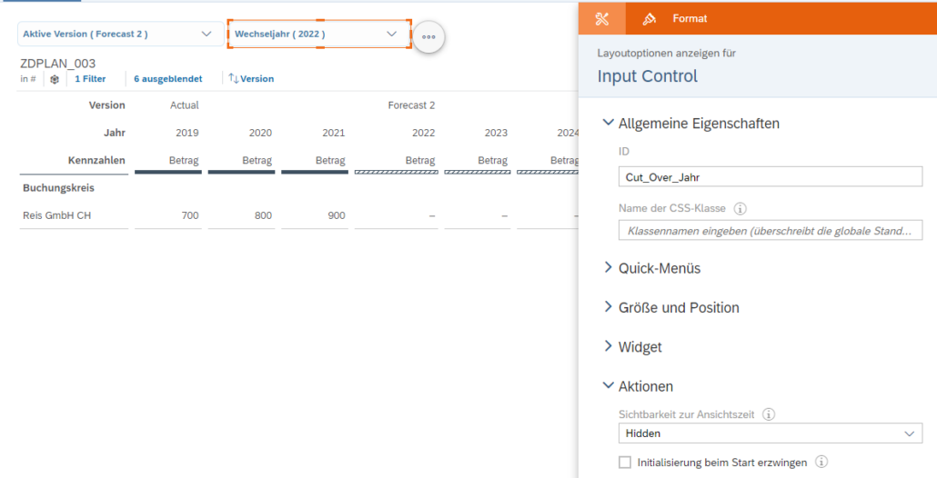 Eingabefilter (Input controls) sichtbar im Bearbeitungsmodus.