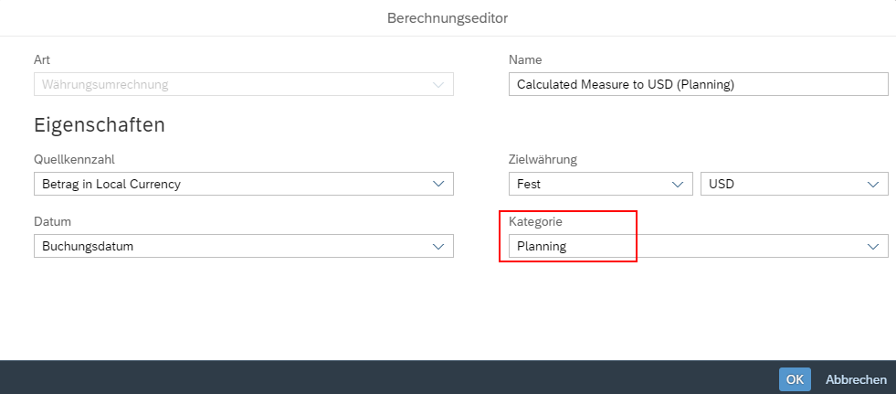 Währungsumrechnung Kategorie Planning
