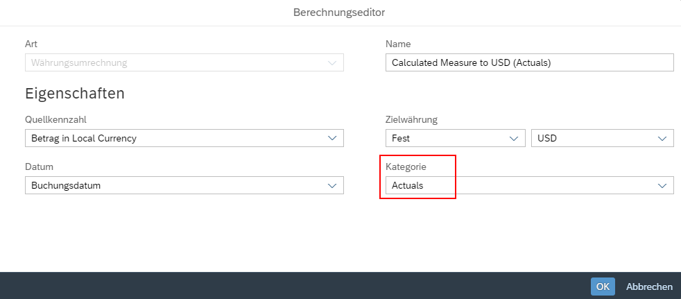 Währungsumrechnung Kategorie Actuals