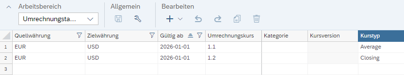 Umrechnungskurse pro Kurstyp