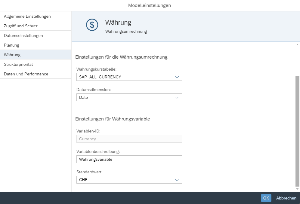 Einstellungen für Währungsvariable