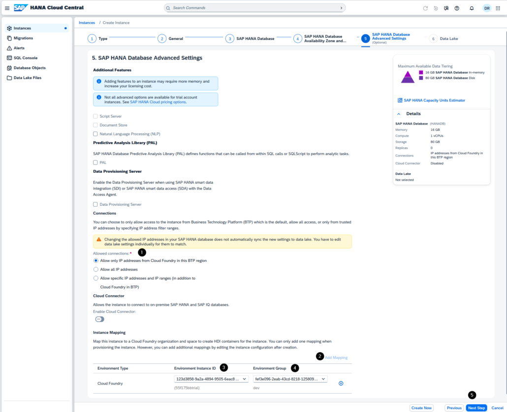 SAP HANA Cloud Advanced Settings