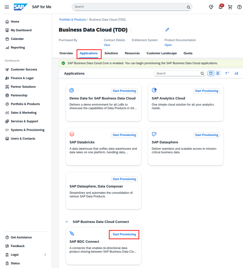 Start provisioning SAP BDC Connect